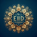 vector design, decorations and flowers, copie space, Lettering on gold "Eid Mubarak".