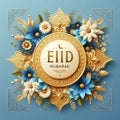 vector design, decorations and flowers, copie space, Lettering on gold "Eid Mubarak".