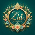 vector design, decorations and flowers, copie space, Lettering on gold "Eid Mubarak".