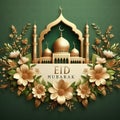 vector design, decorations and flowers, copie space, Lettering on gold "Eid Mubarak".