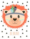 Card with tribal cartoon lion, vector illustration