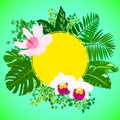 Card with tropical flowers, palm and banana leaves Royalty Free Stock Photo