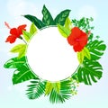 Card with tropical flowers, palm and banana leaves Royalty Free Stock Photo