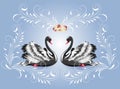 Card with two black swans and luxurious ornament and golden rings for invitations or congratulations with wedding or engagement