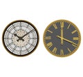 Card with two clock faces. Big Ben tower clock face and Moscow`s Kremlin clock face. Vector illustration.