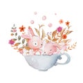 Card with two watercolor rabbits in a cup full of flowers. Romantic hand painted watercolor bunny illustration.