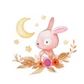 Card with two watercolor rabbits. Hand drawn watercolor bunny illustration. Moon, stars, flowers in the background