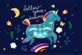 Card with a unicorn and a rainbow and the inscription follow your dreams. Vector graphics