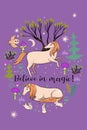 Card with unicorns and the inscription Believe in magic. Vector graphics