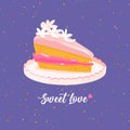 Card of a Valentine\'s Day. Cute pink biscuit cake. Love sweet text for birthday, party, wedding greeting card. Vector flat Royalty Free Stock Photo