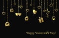 Card for Valentines Day with hanging gold hearts, gift, letter