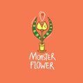 Card with Venus flytrap. Comic drawing of predatory flower. Vector doodle colorful image.