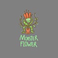 Card with Venus flytrap. Comic drawing of predatory flower. Vector doodle image. Monster plant print.