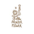 Card with Venus flytrap. Monster plant print. Comic drawing of predatory flower. Vector doodle image.