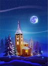 Card with vertical night beautiful landscape with winter houses,chapel, trees, mountain and Moon. Shine with purple moon