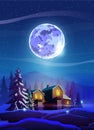 Card with vertical night beautiful landscape with winter houses, trees, mountain and Moon. Shine with purple moon, snow and deep