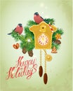 Card with vintage wooden Cuckoo Clock, xmas gingerbread, candy Royalty Free Stock Photo