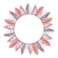 Card with watercolor feathers. Hand drawn light illustration isolated on white. Round frame of plumage