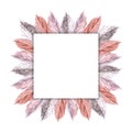 Card with watercolor feathers. Hand drawn light illustration isolated on white. Square frame of plumage