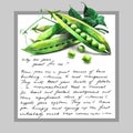 Card with watercolor hand-drawn green peas and text Royalty Free Stock Photo