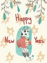 Card with watercolor New Year bulls with spruce branches and cones