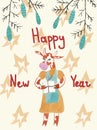 Card with watercolor New Year bulls with spruce branches and cones