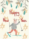 Card with watercolor New Year bulls with spruce branches and cones