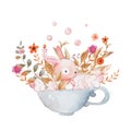 Card with watercolor rabbit in a cup full of foam and flowers. Romantic hand painted watercolor bunny illustration.