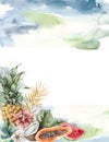 Card with watercolor tropical fruits and flowers. Hand painted coconut, papaya, watermelon, hibiscus and palm leaves on Royalty Free Stock Photo