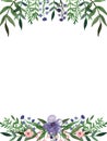 Card with Watercolor Violet and Little Pink Flowers and Deep Green Leaves Royalty Free Stock Photo