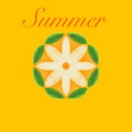 Card with white flower, green leaves, text summer, minimalism on yellow background