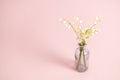 Card with white lily of the valley on pink background for celebration Mothers Day, wedding, March 8. Nature concept Royalty Free Stock Photo