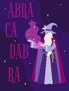 Card with wizard casting magic abracadabra spell, flat vector illustration.