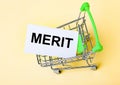 The card with the word MERIT is in the shopping cart. Marketing concept