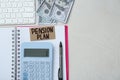 Card with words Pension Plan, banknotes, calculator and notebook on white office table, flat lay. Space for text Royalty Free Stock Photo