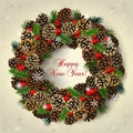 Card with wreath of fir cones, branches and red beads