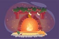 Card with xmas fireplace and sleeping cat, celebration decoration design. Playful kitty near christmas fire with socks Royalty Free Stock Photo