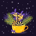 Modern New Year card featuring a yellow cup that has fir branches,