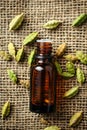 cardamom essential oil on burlap background