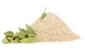 Cardamom ground pods and pile of ground cardamom isolated on white background. Cardamomum seasoning or elaichi