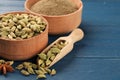 Cardamom and other spices on blue wooden table. Space for text Royalty Free Stock Photo