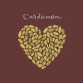 Cardamom pods in a heart shape on the maroon background