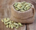 Cardamom seed in sack Royalty Free Stock Photo