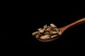 Cardamom seeds on wooden spoon over black background. Royalty Free Stock Photo