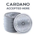 Cardano. Accepted sign emblem. Crypto currency. Stack of silver coins with Cardano symbol isolated on white background