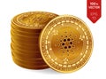 Cardano. Crypto currency. 3D isometric Physical coins. Digital currency. Stack of golden coins with Cardano symbol