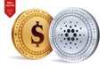 Cardano. Dollar coin. 3D isometric Physical coins. Digital currency. Cryptocurrency. Golden and silver coins with Cardano and Doll