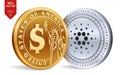 Cardano. Dollar coin. 3D isometric Physical coins. Digital currency. Cryptocurrency. Golden and silver coins with Cardano and Doll