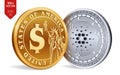 Cardano. Dollar coin. 3D isometric Physical coins. Digital currency. Cryptocurrency. Golden and silver coins with Cardano and Doll