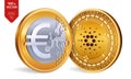 Cardano. Euro Coin. 3D isometric Physical coins. Digital currency. Cryptocurrency. Golden coins with Cardano and Euro symbol isola